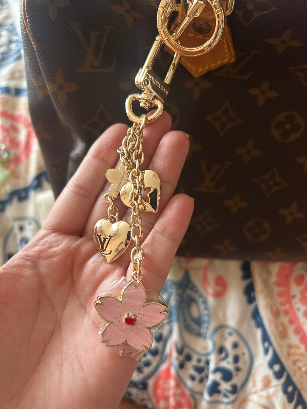 Pink Flower & Heart Bag Charm Keychain